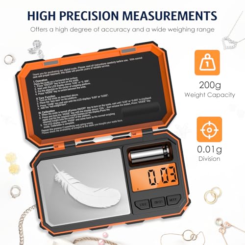 Digital Gram Scale, 200g x 0.01g Pocket Scale, Mini 6 Units Jewelry Scale with LCD Display, Tare Function for Food, Jewelry, Coin, Coffee,with 50g Calibration Weight(Battery Included) - size: 200g/0.01g