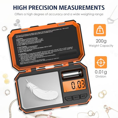 Digital Gram Scale, 200g x 0.01g Pocket Scale, Mini 6 Units Jewelry Scale with LCD Display, Tare Function for Food, Jewelry, Coin, Coffee,with 50g Calibration Weight(Battery Included) - size: 200g/0.01g