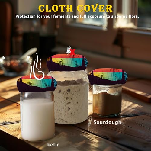 Tropical Palm Cloth Covers for Sourdough Starter Jars, Tree Sunset Heat Preservation to Increase Fermentation for Bread Sewn Cloth Cover for Sourdough Starter（5 Pack） - color: Tropical Palm