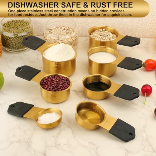 Gold Magnetic Measuring Cups & Spoons Set of 16, 7 Stainless Steel Measuring Cups, 8 Double-Sided Measuring Spoons & 1 Leveler, Premium Finish Baking Tools Kitchen Gadget for Dry & Liquid Ingredients - color: Gold