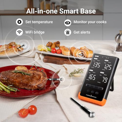 ThermoMaven Sub-1G Wireless Meat Thermometer, 4 Probes WiFi Thermometer | 3000FT Open Range, Smart App + Base Control, 6 Sensor NIST ±0.5°F Accuracy, BBQ Smoker Grill Oven, Brisket Steak Turkey Pork - color: Orange-Quad Probe