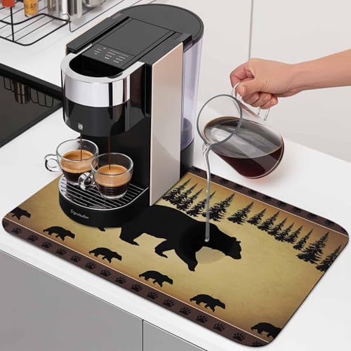 Vintage Animals Bear Dish Drying Mat for Kitchen Counter, Black Pine Forest Retro Animal Super Absorbent Draining Mat Rubber Backing Dish Rack Pad for Dishes, Coffee Bar, Sinks, 16"x24" - color: Black Brown, size: 24" x 16"