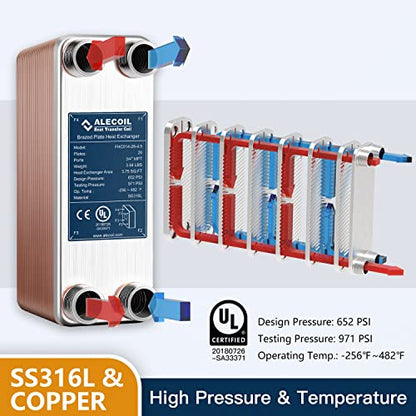 ALECOIL 3"x8" 26 Plates Heat Exchanger with 3/4" MPT Port Water to Water 316L Stainless Steel Brazed Plate Heat Exchanger for Water Heating, Floor Heating, Commercial and Industrial Refrigeration - size: 3"X8"-26P