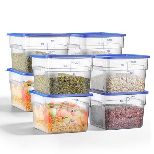 EGGKITPO 8 Pcs 12 QT Food Storage Container with Blue Lids, Handle BPA-Free Polycarbonate Hot Cold Resistant Large Square Commercial Container Set Scarle Dishwasher Freezer Safe Pantry Storage Kitchen - color: Blue Lids, size: 12.0 QT
