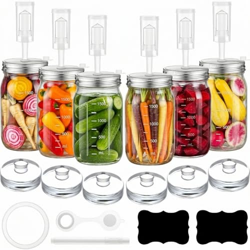Honeydak Fermentation Kit for Mason Jars – 6 Pack Wide Mouth Glass Jars with Airlock Lids & Weights for Kimchi, Sauerkraut, Pickles & Yogurt - size: 34 oz