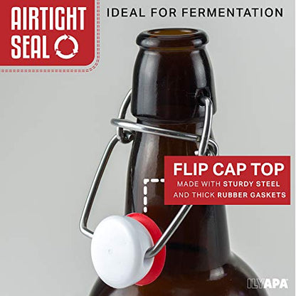Ilyapa 16oz Amber Glass Beer Bottles for Home Brewing - 6 Pack with Airtight Rubber Seal Flip Caps - size: 6 pack
