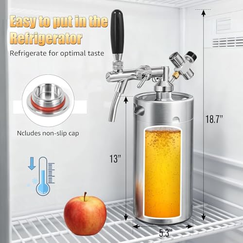 128oz Mini Keg Growler with Adjustable Faucet, Stainless Steel Beer Growler Tap System Upgrade Draft Beer Dispenser System with CO2 Regulator Keep Fresh and Carbonation for Homebrew, Craft
