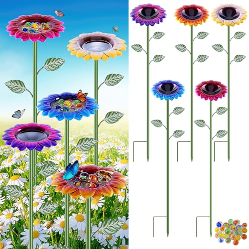 5 Pack Bee Watering Station, Metal Bee Feeder Bath for Garden with Sunflower Design, Colorful Butterfly Feeder Waterer Bowl with Stakes and 35 Glass Marbles for Outdoor Garden Yard Patio Decor