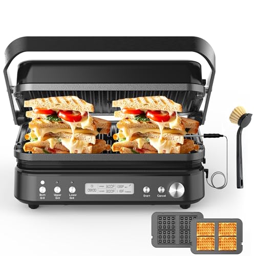 CATTLEMAN Panini Grill Press Sandwich Maker with Removable Plates, 1600W, 6 in 1 Waffle Maker & Electric Indoor Grill with Meat Thermometer, PFAS Free Ceramic Nonstick Reversible Plates, Opens Flat - color: Black with Waffle Plates