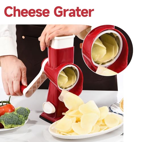 Rotary Cheese Grater with Handle Kitchen Shredder Slicer Grater Slicer Ice Shaver Cheese Vegetable Nuts Potato Zucchini Chocolate 3 Interchangeable Blades (RedWhite) - color: RedWhite