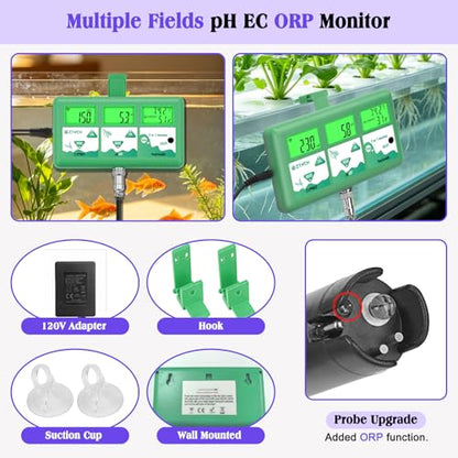 pH Monitor Hydroponic Continuous 7 in 1 EC pH TDS CF ORP Monitor | WiFi Continuous Monitoring pH EC PPM Humidity Temp Meter of Aquaponic, DWC Hydroponic System, Aeroponic Garden