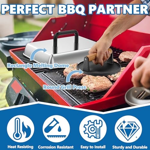 SafBbcue Round Cast Iron Smash Burger Grill Weight Press & Griddle Steamer Melting Dome Basting Cover for Blackstone Flat Top Grills Accessories, 14" Rectangular Stainless Steel Grill Basting Cover - style: 14InDome+Round Press