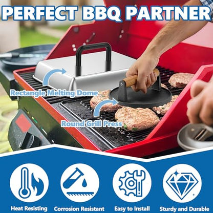 SafBbcue Round Cast Iron Smash Burger Grill Weight Press & Griddle Steamer Melting Dome Basting Cover for Blackstone Flat Top Grills Accessories, 14" Rectangular Stainless Steel Grill Basting Cover - style: 14InDome+Round Press
