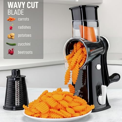 Zulay Kitchen Rotary Cheese Grater 5 Blade Cheese Shredder - Manual Hand Crank Cheese Grater With Reinforced Suction & 5 Interchangeable Drums - Easy to Use, Vegetable Chopper Round Mandoline Slicer - color: Black