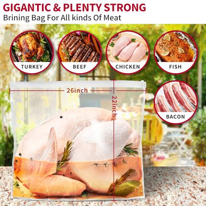 Turkey Brining Bag, 26"×22" 2 Packs Extra Large Brine Bag with 2 Strings Thickened Brining Bags Holds Up to 35 Pounds, Double Zippers Seal Brine Bags for Turkey, Chicken, Beef, Pork, Ham - size: 2PACK- 26"×22"