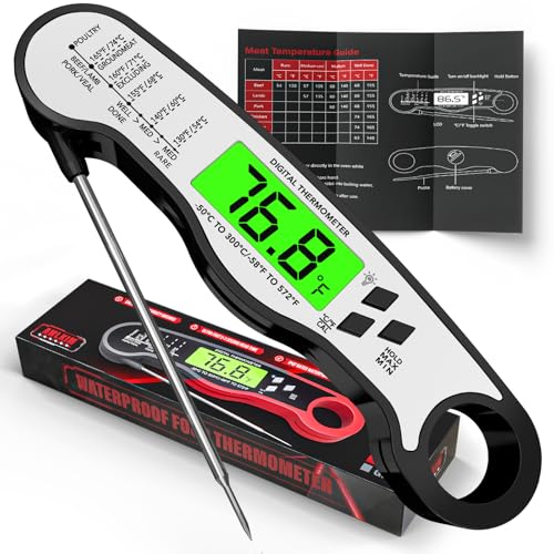 AWLKIM Meat Thermometer Digital, Instant Read Thermometer, Black | Grill, BBQ, candy and baking thermometer with backlit display, foldable probe and magnetic storage. - color: Black