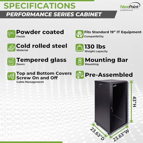 NavePoint 22U Server Cabinet Wall Mount Rack Enclosure with Caster Wheels, 2 Fans, Locking Glass Door, Removable Side Panels – 22U Network Cabinet 23.6” Deep, 19” Server Rack for A/V Equipment - size: 22U - 600mm Depth