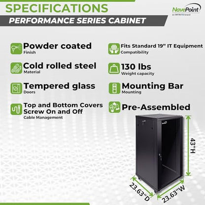 NavePoint 22U Server Cabinet Wall Mount Rack Enclosure with Caster Wheels, 2 Fans, Locking Glass Door, Removable Side Panels – 22U Network Cabinet 23.6” Deep, 19” Server Rack for A/V Equipment - size: 22U - 600mm Depth