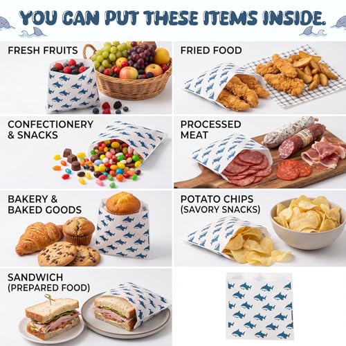 Epakh 200 Pack Paper Sandwich Bags Shark Design 8 × 8 Inch Happy Food Storage Recyclable Grease Resistant Disposable Snack Bags for Family Home Use - style: Shark