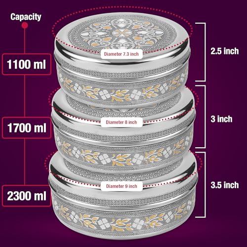 KSJONE Meenakari Designer 3PC Stainless Steel Food Storage Containers with Lids Leakproof, Meal Prep Container Airtight, Kimchi Containers Nestable, Freezer Safe (1100ml, 1700ml & 2300ml)
