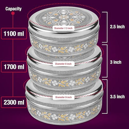 KSJONE Meenakari Designer 3PC Stainless Steel Food Storage Containers with Lids Leakproof, Meal Prep Container Airtight, Kimchi Containers Nestable, Freezer Safe (1100ml, 1700ml & 2300ml)