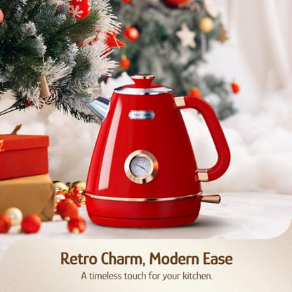 Hazel Quinn Retro Electric Kettle - 1.7 Liters / 57.5 Ounces Tea Kettle with Thermometer, All Stainless Steel, Fast Boiling 1200 W, BPA-free, Cordless, Rotational Base, Automatic Shut Off - Ruby Red - color: Ruby Red