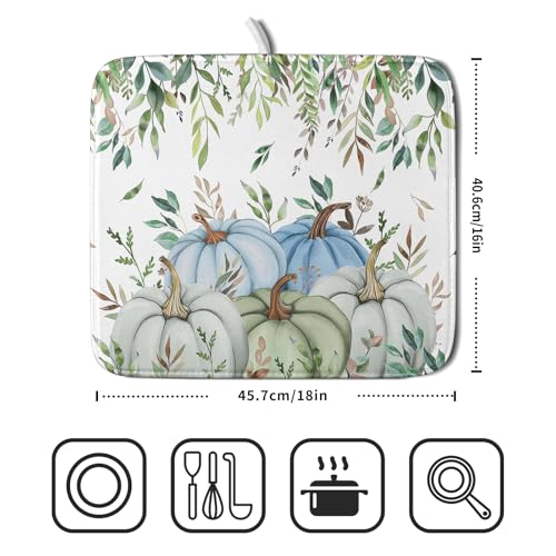 Giwawa Fall Blue Pumpkin Dish Drying Mat Autumn Harvest Dishes Pad 16"x18" Microfiber Quick Dry Dish Drainer Rack Mats Kitchen Counter Accessories - color: Blue Pumpkin Leaf, size: 16x18 inch