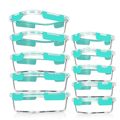 VERONES 10Pack Glass Meal Prep Containers, Airtight Glass Lunch Containers,Stackable Glass Food Storage Containers Set with Lids,Exclusive of BPA, for Microwave,Oven, Freezer&Dishwasher Friendly,Green - color: Green