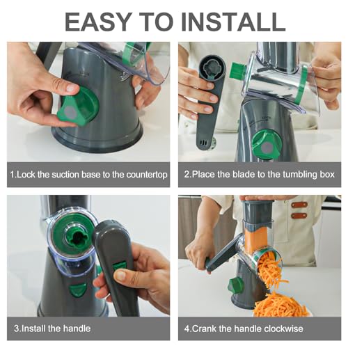 Cambom Rotary Cheese Grater Hand Crank Cheese Shredder for Fresh Cheese, Vegetable, Nuts,Non-slip Suction Base, Three Blades, Gray Green - color: Gray Green, size: 3 BLADES