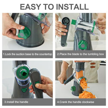 Cambom Rotary Cheese Grater Hand Crank Cheese Shredder for Fresh Cheese, Vegetable, Nuts,Non-slip Suction Base, Three Blades, Gray Green - color: Gray Green, size: 3 BLADES