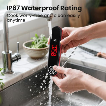 Meat Thermometer Digital, 0.3s Instant Read Food Thermometer with Auto-Rotating LED Display & Calibration Function, Magnetic Back for Cooking, Grilling, BBQ, Smoker (Red) - color: Red