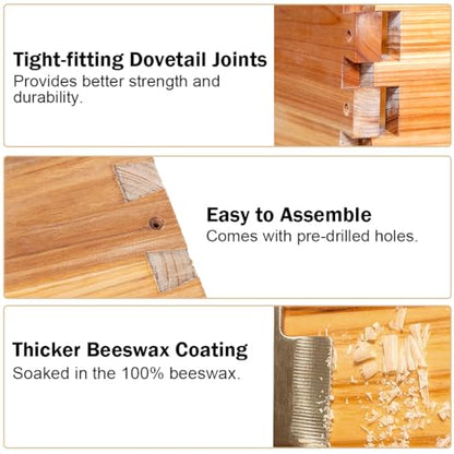 BeeCastle 8 Frame Medium Super Bee Hive Box, Langstroth Honey Bee Hive Dipped in 100% Beeswax Include Beehive Frames and Wax Foundations (Unassembled) - size: 8-Frame