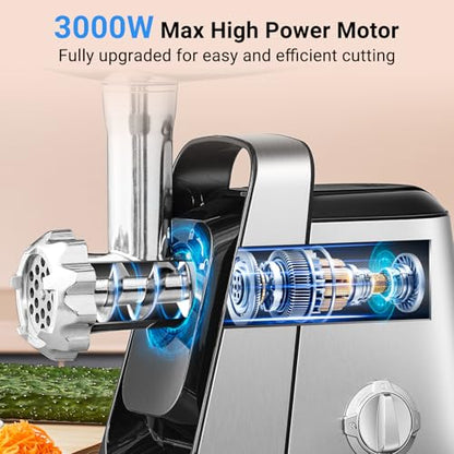 AAOBOSI #8 Meat Grinder, 6-In-1 Meat Grinder Electric [3000W Max] with 4 Slice, Shred Blades,2 Grinding Blades,4 Plates, 3 Sausage Stuffer,Kubbe Kit, Burger Press, 2 Meat Claws, for Home Kitchen Use - color: Stainless Steel+Sliver
