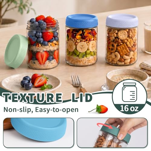 6 Pack Overnight Oats Containers with Lids, Mason Jars 16 oz with Lids, Yogurt Containers for Meal, Wide Mouth Glass Storage Jars for Pudding, Snack, Prep, Oatmeal, Sugar, Food, Chia, Seed - color: Mint Breeze