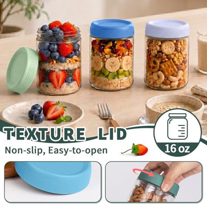 6 Pack Overnight Oats Containers with Lids, Mason Jars 16 oz with Lids, Yogurt Containers for Meal, Wide Mouth Glass Storage Jars for Pudding, Snack, Prep, Oatmeal, Sugar, Food, Chia, Seed - color: Mint Breeze