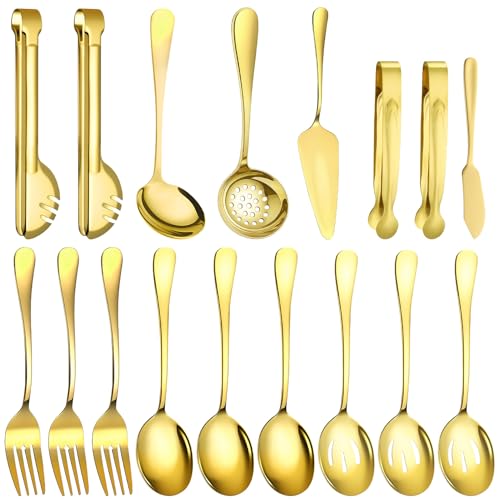 17 Pcs Gold Serving Utensils Set Include Stainless Steel Large Serving Spoons Slotted Spoons Forks Soup Ladle Pie Server - Metal Utensils for Parties Buffet Catering, Dishwasher Safe - color: Gold, size: 17 PCS