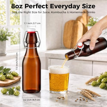 Ruckae 12pcs 8oz Amber Swing Top Glass Bottles with Lids Brown Flip Top Glass Bottle for Kombucha Coquito Syrup Vanilla Extract Brew Beer Kefir Air Tight Bottles for Gift (8oz 12pack) - size: 8oz 12pack