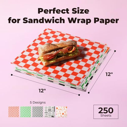 Fit Meal Prep 250 Mixed Color 12x12" Dry Waxed Deli Paper Sheets, Grease-Proof & Waterproof, Perfect for Food Basket, Picnic, Barbecue, Restaurants - color: Multicolor