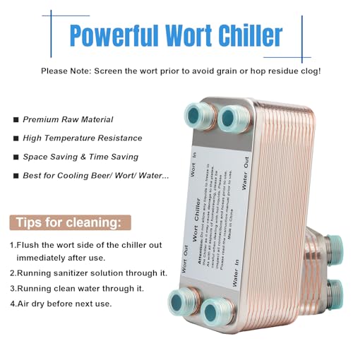 FERRODAY Wort Chiller, 30 Plate 1/2 NPT Plate wort Chiller, Stainless Steel Brazed Plate Heat Exchanger, 1/2 Thread Wort Cooler for Homebrew - 7.3" x 2.8" - size: 30-plate(1/2 npt)