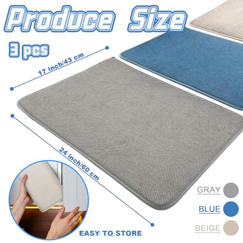 3 Pack XXL Dish Drying Mats,24×17" Absorbent Microfiber Dishes Drainer Mats,Large Size Pads for Kitchen Counter,Coffee,Rack,Under Sink(Beige,Blue,Gray)