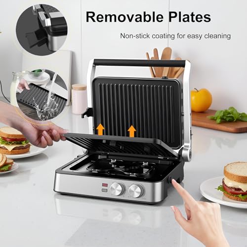 Panini Press,4 Slices Contact Grill with Removable Non-Stick Coated Grill and Flat Plates,Panini Makers with Temperature Control and Timer,Open 180 Degrees,Grill and Griddle (Half black with sus) - color: Half black with sus