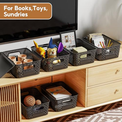8 Pcs Plastic Storage Baskets with Plastic Lids and Labels 5.29qt Stackable Box Basket Pantry Decorative Containers, Small Storage Bins for Shelves Drawers Closets Bedrooms Office Cabinets 10*7.2*4.1" - style: Black-Plastic Lid