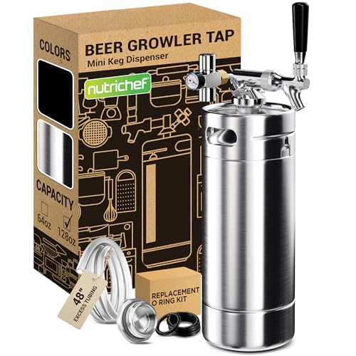 NutriChef Pressurized Growler Tap System, 128oz Stainless Steel Mini Keg Dispenser Portable Kegerator Kit, Co2 Pressure Regulator Keeps Carbonation for Craft Beer, Draft and Homebrew - size: 128oz