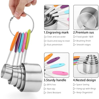 Measuring Cups and Spoons Set of 13 with Silicone Handle, Stainless Steel Nesting Measuring Cups and Spoons For Baking & Cooking (Colorful)