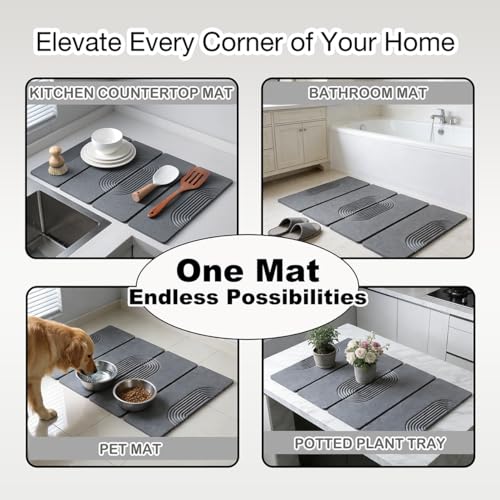 Large Stone Dish Drying Mat for Kitchen Counter,Collapsable Stone Dish Drying Mat with Diatomaceous Earth for Quick Drying-Ultra Absorbent-Eco-Friendly,Foldable-23.6"×15.7" Dark Gray Curved Grooves - color: HXTY-Dark Grey