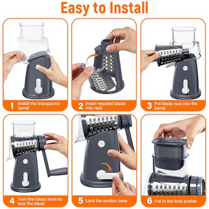 Rotary Cheese Grater Hand Crank with 5 Interchangeable Blades, Vegetable Slicer Chopper for Fruit Vegetable Nuts, Mandoline Slicer for Kitchen with Blades Rack & Suction Base, Grey - color: Gray