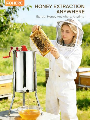 FOHERE 3-Frame Honey Extractor, Food-Grade Stainless Steel Manual Beekeeping Equipment, Apiary Centrifuge with Height-Adjustable Stand, Perfect for Hobby Beekeepers & Home Apiaries - size: 3 Frame
