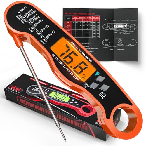 AWLKIM Meat Thermometer Digital, Instant Read Thermometer, Orange | Food thermometer for grill, BBQ, candy, oil and baking; backlit display, foldable probe and magnetic storage. - color: Orange