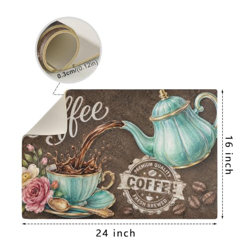 Coffee Themed Dish Drying Mat For Kitchen Counter 24 "X16" Absorbent Non-Slip Rubber Backed, Quick Dry Silicone Pad For Coffee Machine Dish Rack