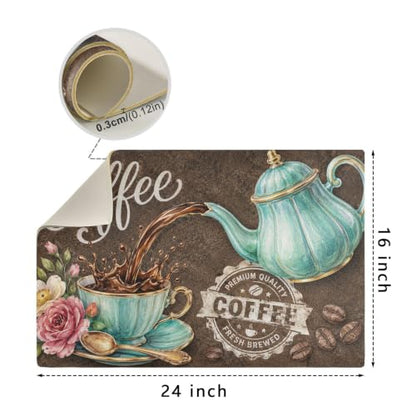 Coffee Themed Dish Drying Mat For Kitchen Counter 24 "X16" Absorbent Non-Slip Rubber Backed, Quick Dry Silicone Pad For Coffee Machine Dish Rack